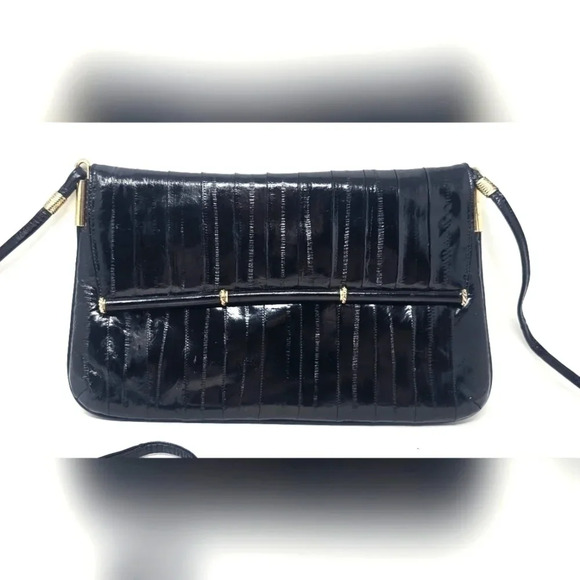 Vintage Eel Skin Black Elegant Exotic Envelope Clutch Crossbody Gold Hardware - Picture 1 of 16